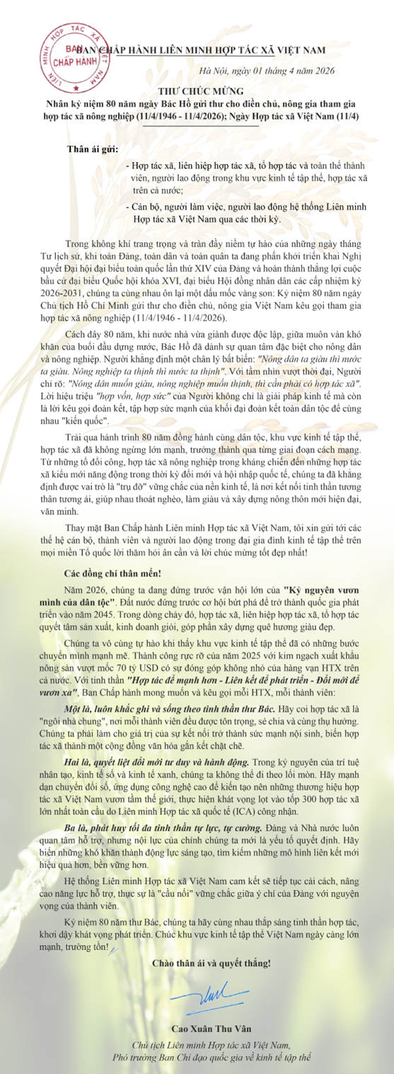 Thư chúc mừng kỷ niệm 80 năm ngày Bác Hồ gửi thư cho điền chủ, nông gia tham gia hợp tác xã nông nghiệp và Ngày Hợp tác xã Việt Nam 11/4